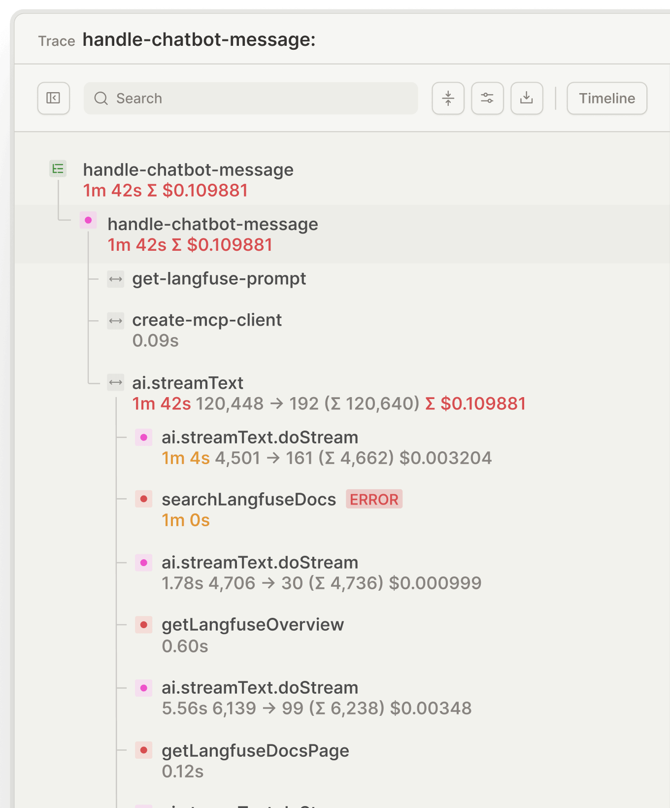 Langfuse observability trace detail view showing nested observations with latency and cost